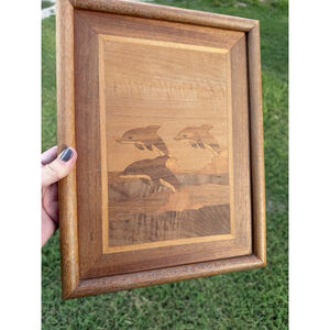 Vintage Marquetry Art Inlaid Wood Dolphins Ocean Beach Framed 10" x 12.5"